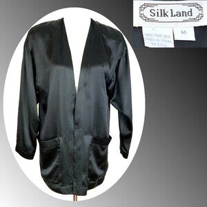 Black Satin Silk Open-Front Jacket Kimono-Style Robe Sz M